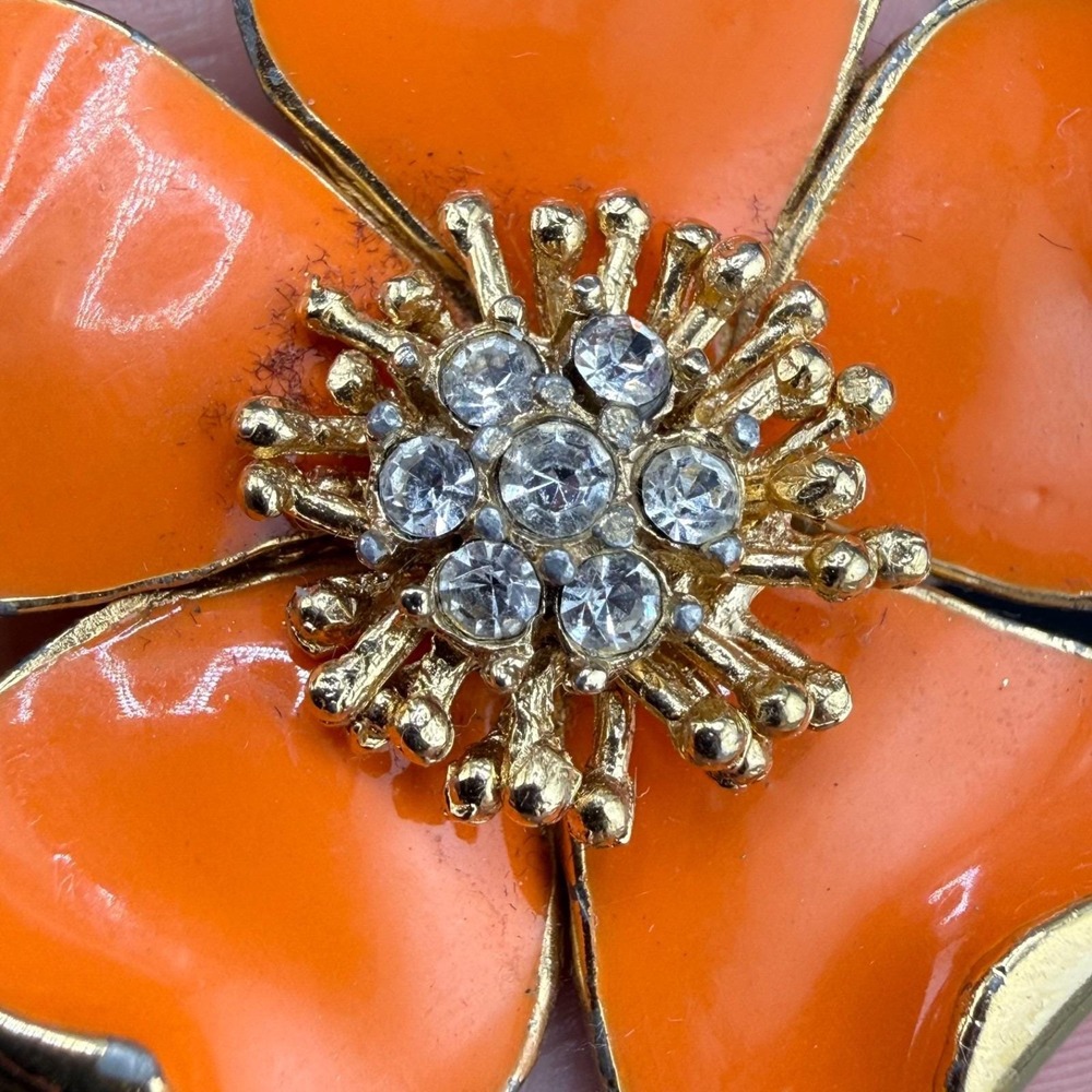 Vintage‎ Ciner Brooch Enamel Flower Orange Rhinestone